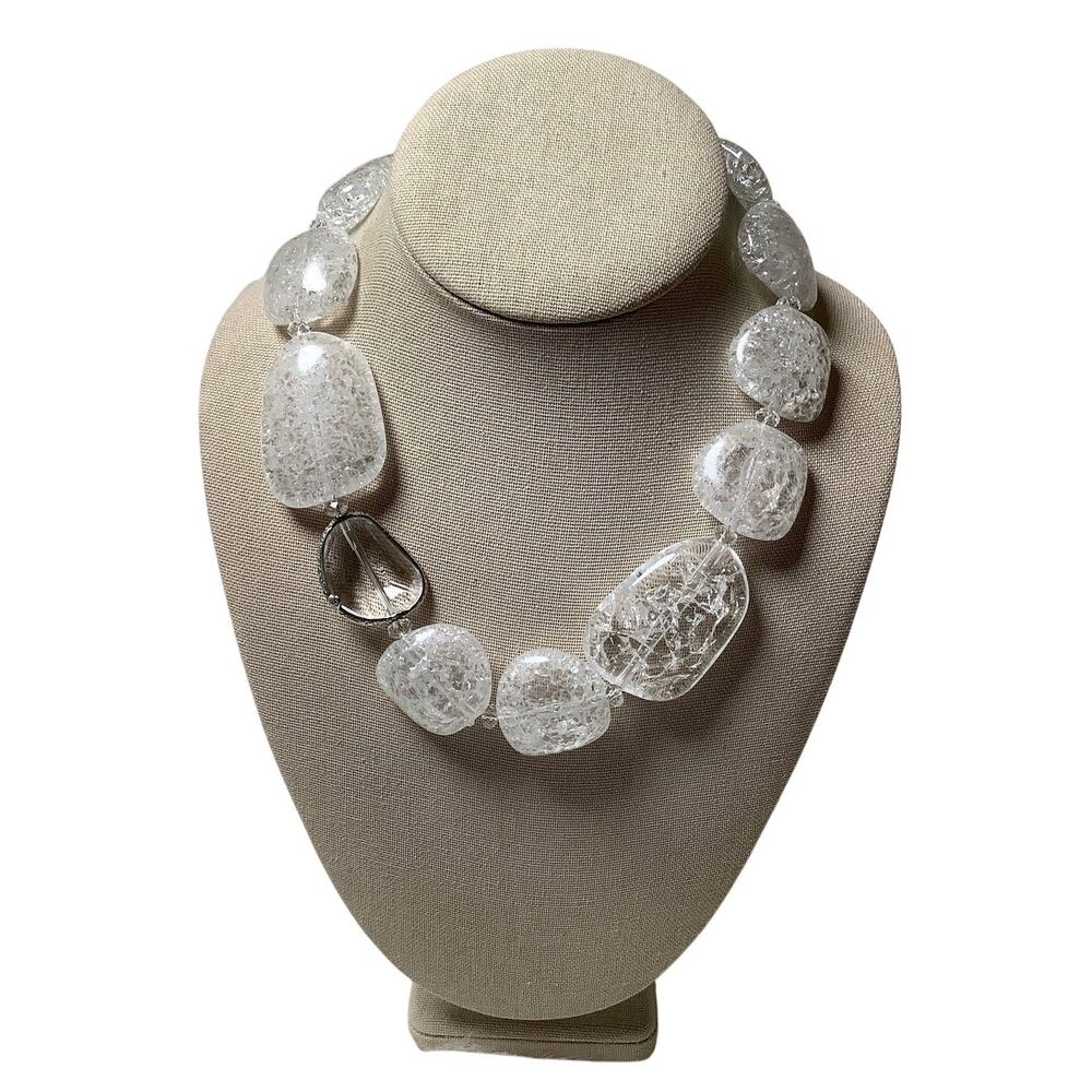 RJ Graziano Chunky Clear White Crackle Lucite Bead Statement Necklace F18-63